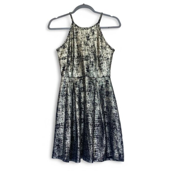 Soprano Metallic Black & Silver Textured Halter Fit & Flare Mini Dress Size Smal - Picture 1 of 8